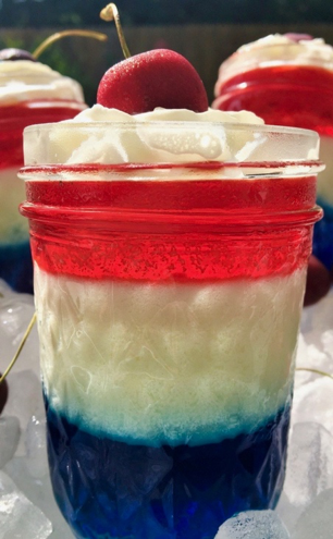 4th of July red white and blue gelatin dessert in canning jar