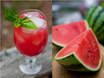 watermelon sliced and watermelon drink in glass