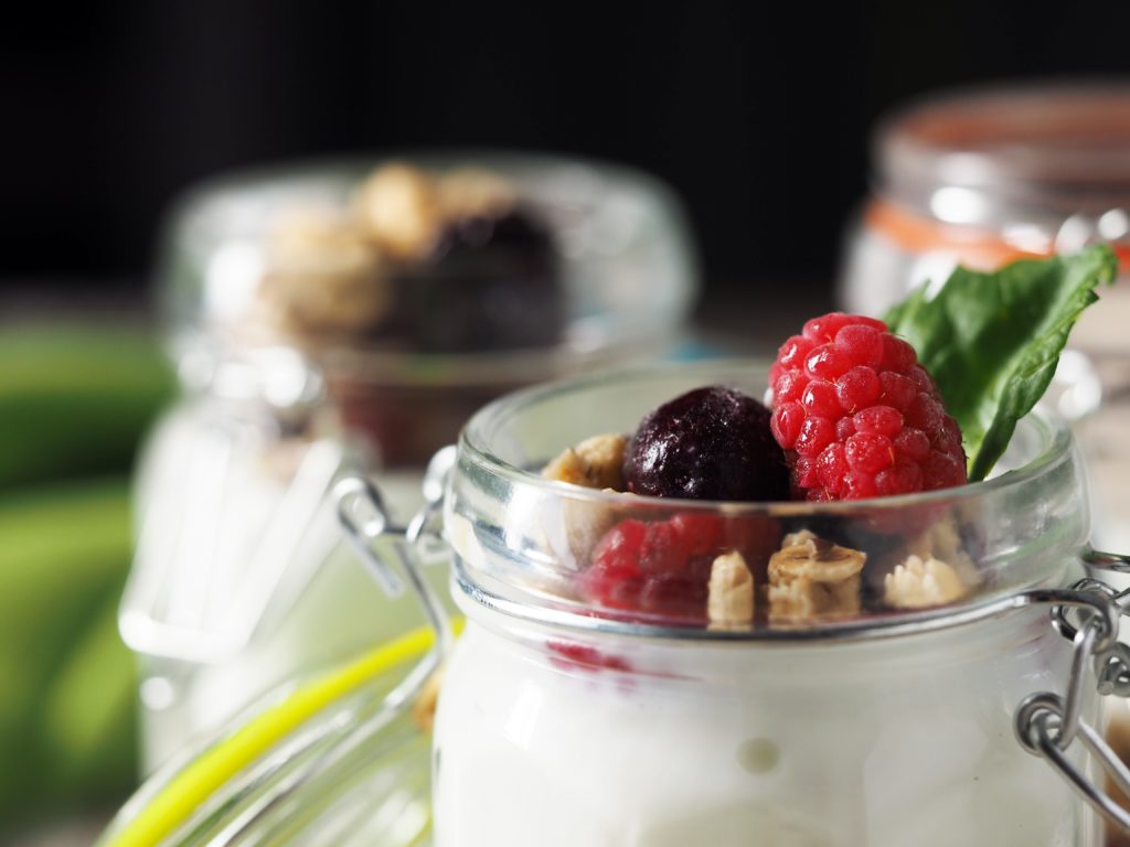 Yoghurt with fruit in a glass jar