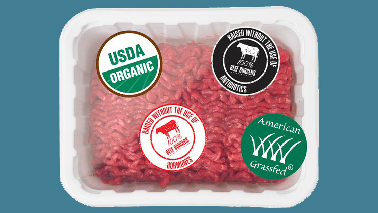 packaged ground meat with various meat labels on it