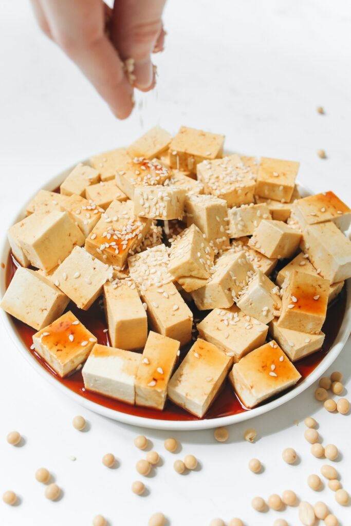 Small Square Blocks of Tofu Sitting in Soy Sauce with Sesame Seeds on Top