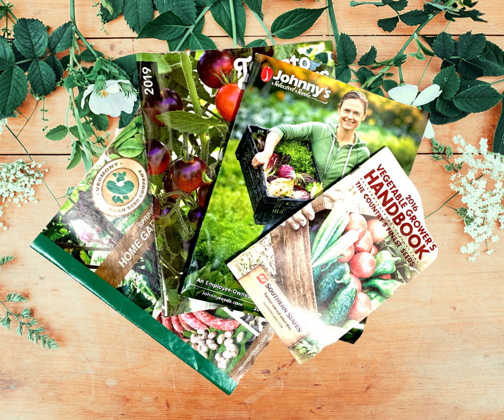 seed catalogs on a wooden table with flowers