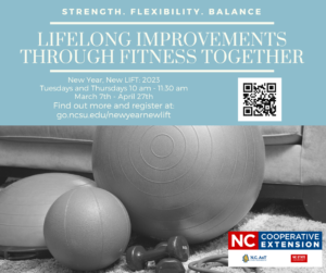 Flyer for LIFT Program featuring a picture with exercise equipment, QR code to registration, and NC Cooperative Extension Logo